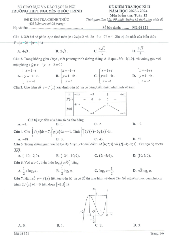 Đề học kì 2 Toán 12 năm 2023 – 2024 trường THPT Nguyễn Quốc Trinh – Hà Nội