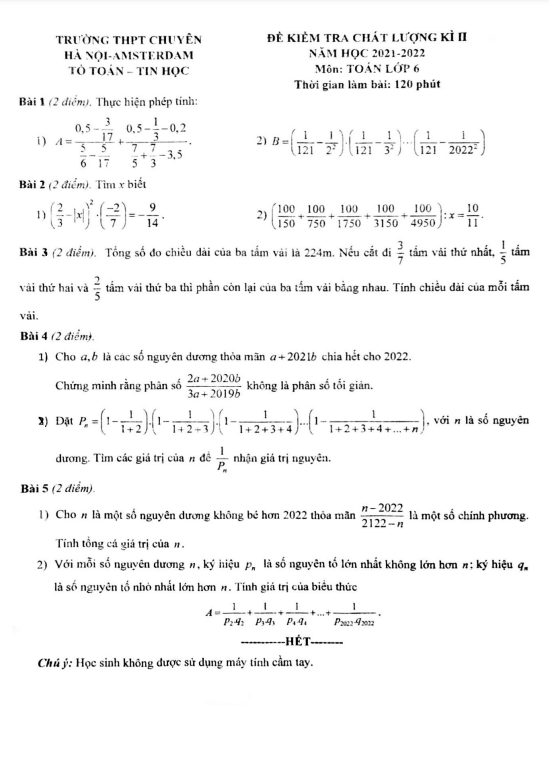 Đề học kì 2 Toán 6 năm 2021 – 2022 trường chuyên Hà Nội – Amsterdam