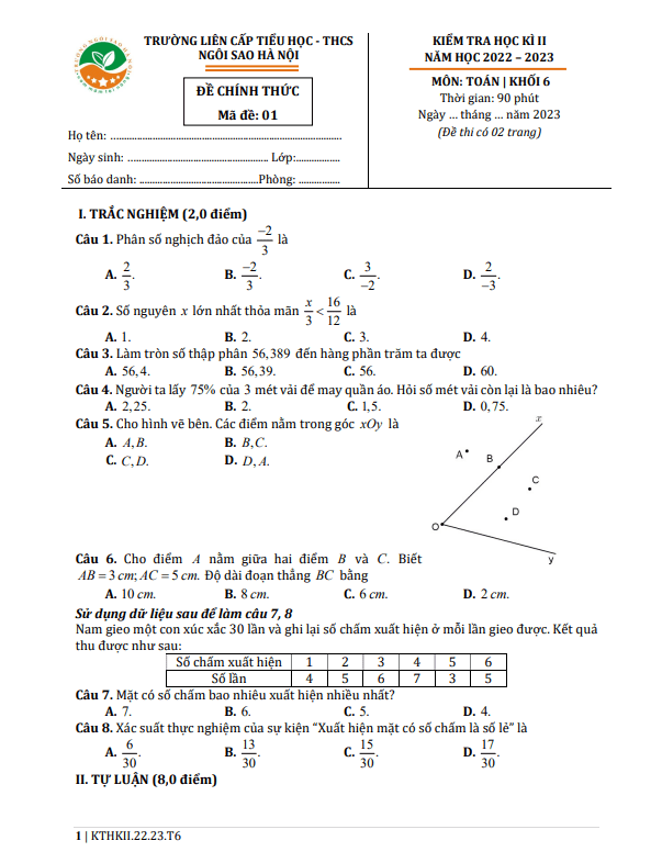Đề học kì 2 Toán 6 năm 2022 – 2023 trường TH & THCS Ngôi Sao Hà Nội