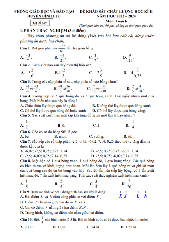 Đề học kì 2 Toán 6 năm 2023 – 2024 phòng GD&ĐT Bình Lục – Hà Nam