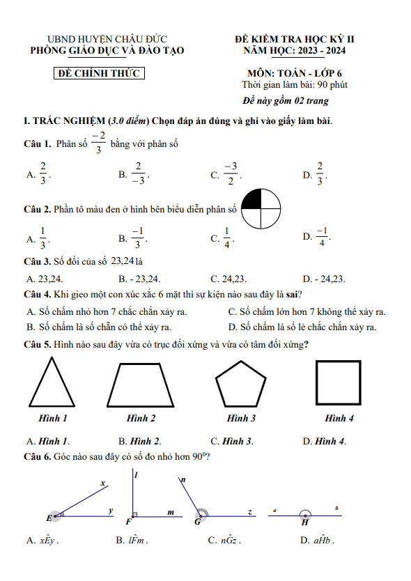 Đề học kì 2 Toán 6 năm 2023 – 2024 phòng GD&ĐT Châu Đức – BR VT