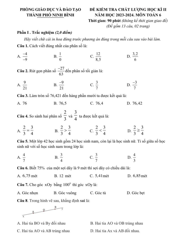 Đề học kì 2 Toán 6 năm 2023 – 2024 phòng GD&ĐT thành phố Ninh Bình