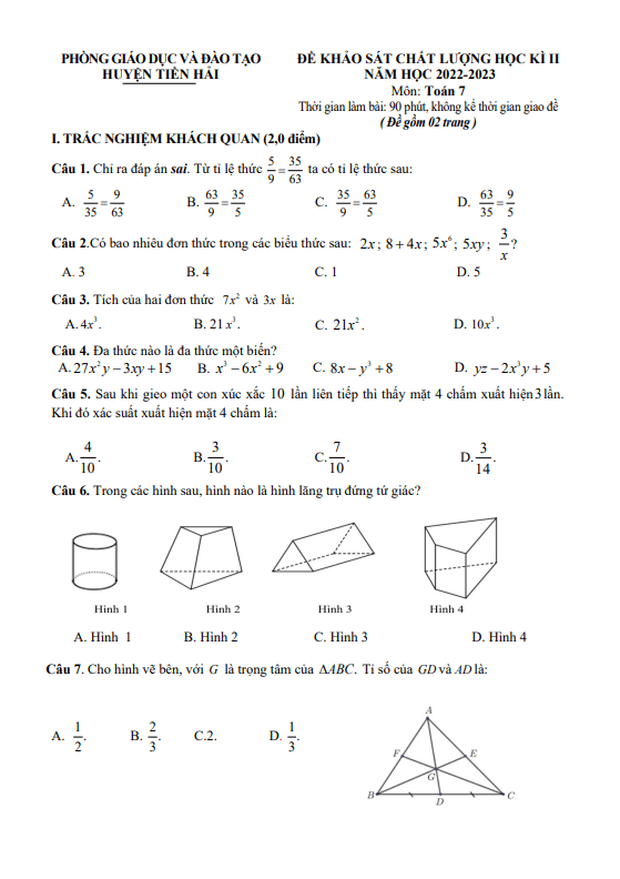 Đề học kì 2 Toán 7 KNTTvCS năm 2022 – 2023 phòng GD&ĐT Tiền Hải – Thái Bình
