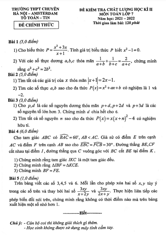 Đề học kì 2 Toán 7 năm 2021 – 2022 trường chuyên Hà Nội – Amsterdam