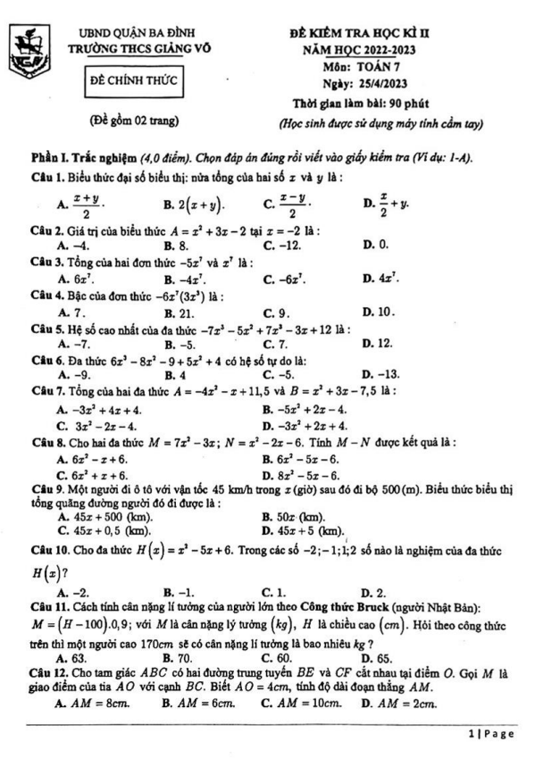 Đề học kì 2 Toán 7 năm 2022 – 2023 trường THCS Giảng Võ – Hà Nội