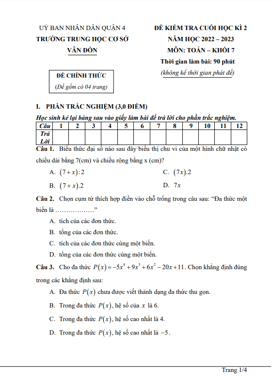 Đề học kì 2 Toán 7 năm 2022 – 2023 trường THCS Vân Đồn – TP HCM