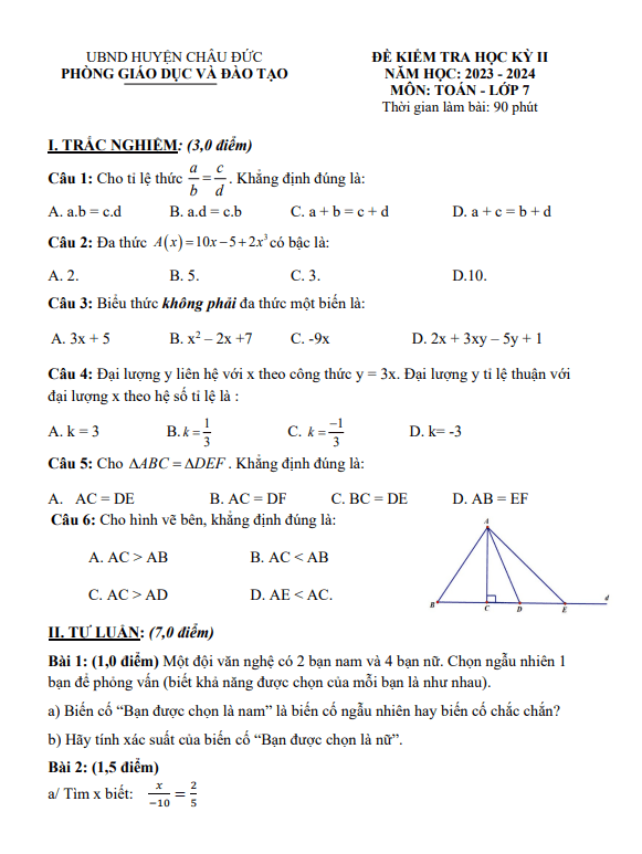 Đề học kì 2 Toán 7 năm 2023 – 2024 phòng GD&ĐT Châu Đức – BR VT