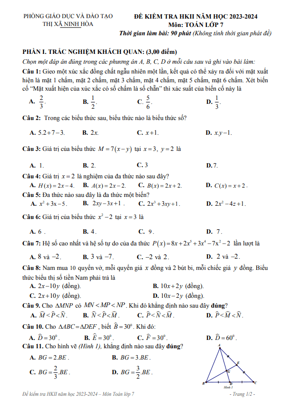 Đề học kì 2 Toán 7 năm 2023 – 2024 phòng GD&ĐT Ninh Hòa – Khánh Hòa