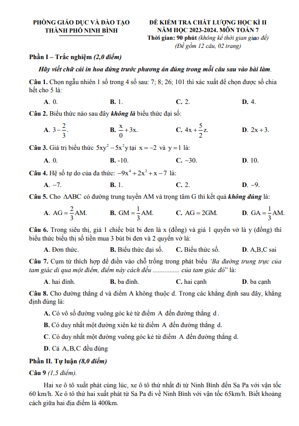 Đề học kì 2 Toán 7 năm 2023 – 2024 phòng GD&ĐT thành phố Ninh Bình