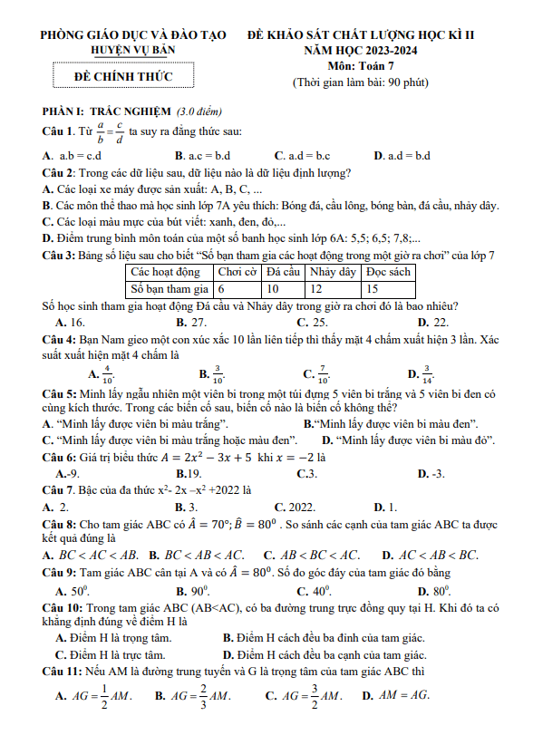 Đề học kì 2 Toán 7 năm 2023 – 2024 phòng GD&ĐT Vụ Bản – Nam Định
