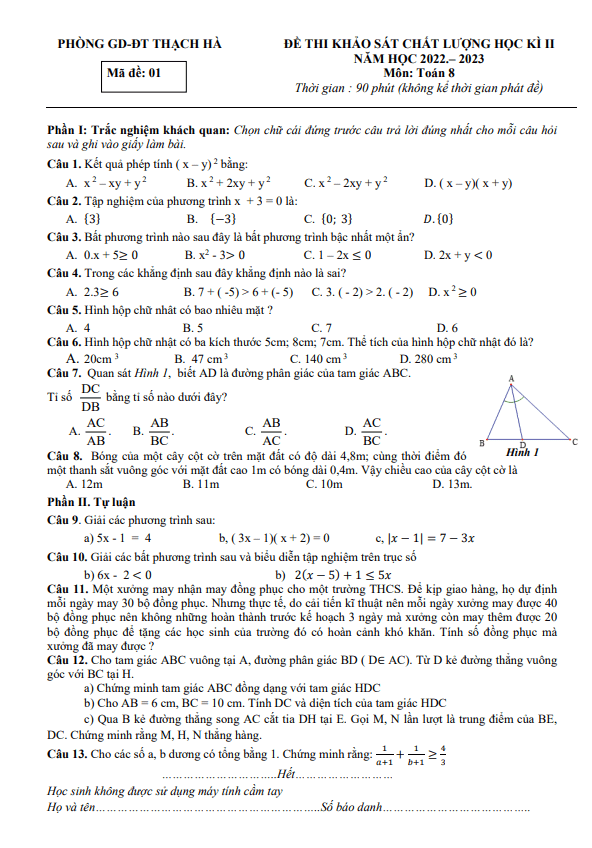 Đề học kì 2 Toán 8 năm 2022 – 2023 phòng GD&ĐT Thạch Hà – Hà Tĩnh