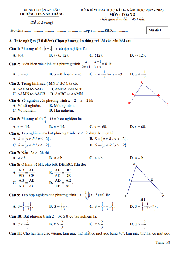 Đề học kì 2 Toán 8 năm 2022 – 2023 trường THCS An Thắng – Hải Phòng