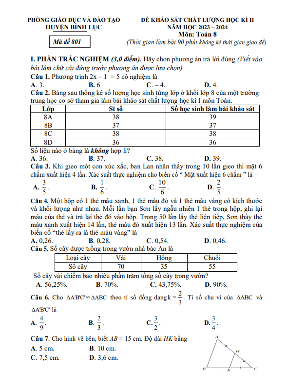 Đề học kì 2 Toán 8 năm 2023 – 2024 phòng GD&ĐT Bình Lục – Hà Nam