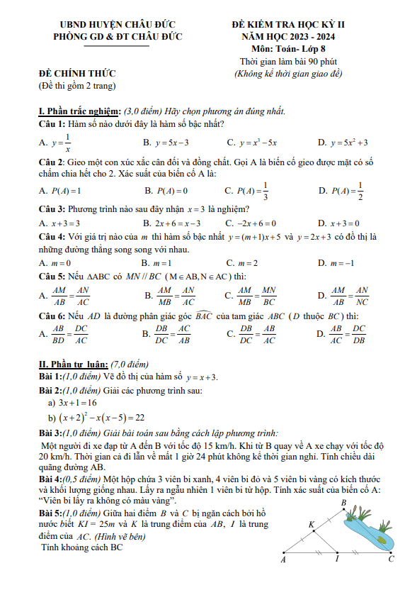 Đề học kì 2 Toán 8 năm 2023 – 2024 phòng GD&ĐT Châu Đức – BR VT