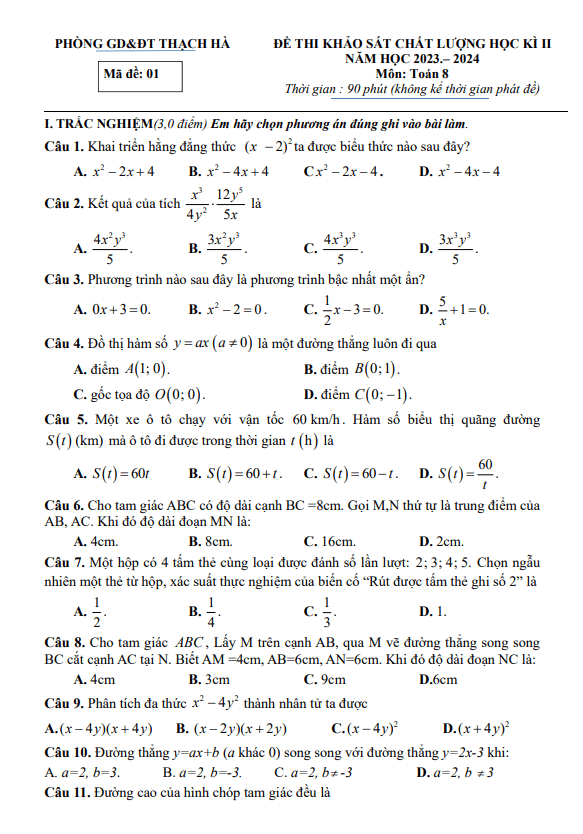 Đề học kì 2 Toán 8 năm 2023 – 2024 phòng GD&ĐT Thạch Hà – Hà Tĩnh