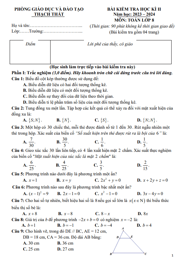 Đề học kì 2 Toán 8 năm 2023 – 2024 phòng GD&ĐT Thạch Thất – Hà Nội