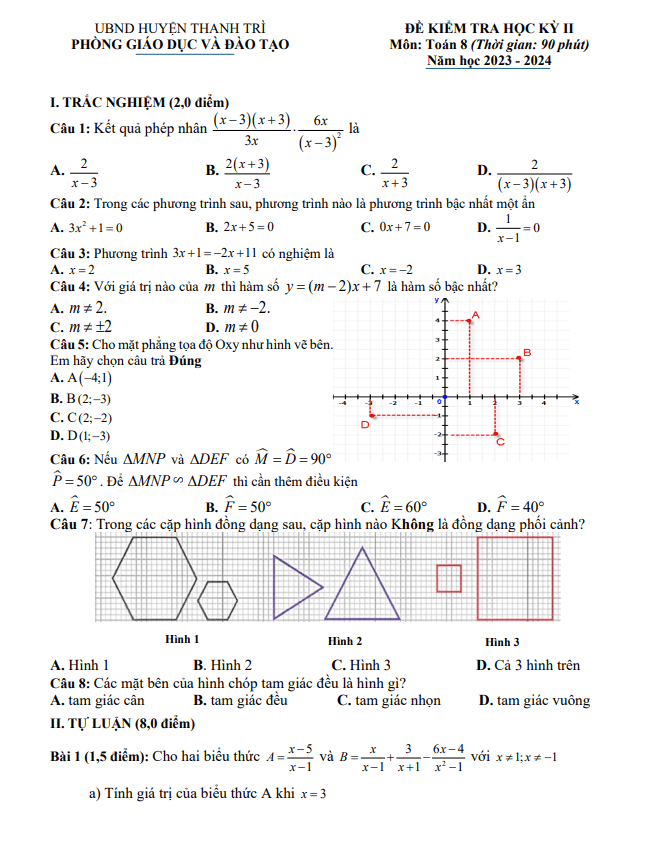 Đề học kì 2 Toán 8 năm 2023 – 2024 phòng GD&ĐT Thanh Trì – Hà Nội