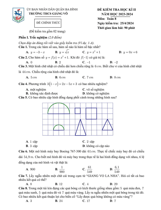 Đề học kì 2 Toán 8 năm 2023 – 2024 trường THCS Giảng Võ – Hà Nội
