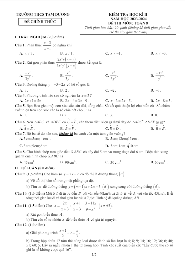 Đề học kì 2 Toán 8 năm 2023 – 2024 trường THCS Tam Dương – Vĩnh Phúc