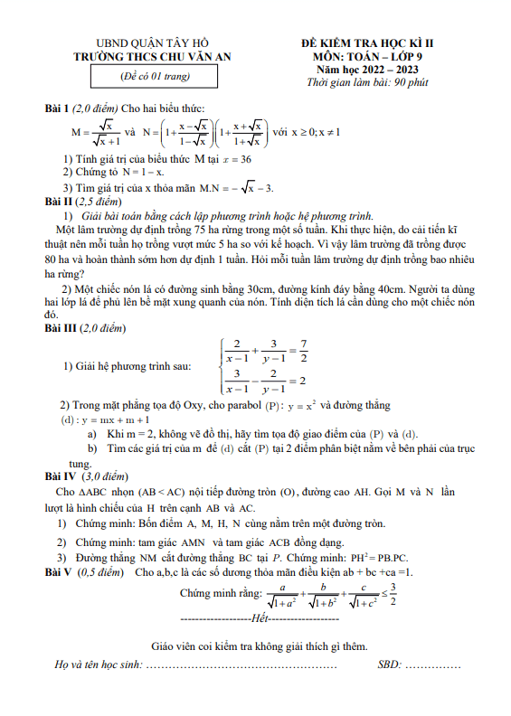 Đề học kì 2 Toán 9 năm 2022 – 2023 trường THCS Chu Văn An – Hà Nội