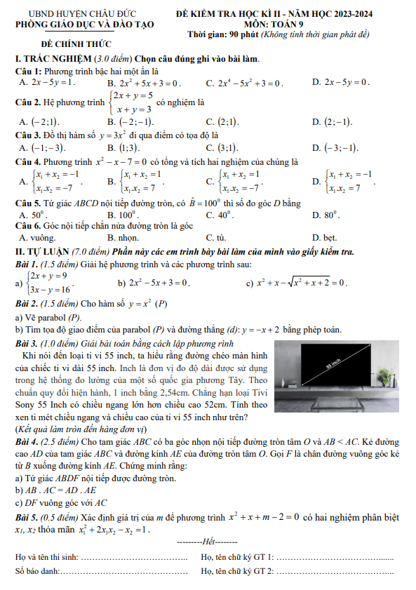 Đề học kì 2 Toán 9 năm 2023 – 2024 phòng GD&ĐT Châu Đức – BR VT