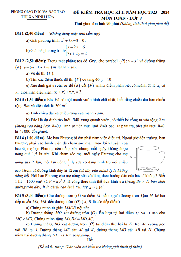 Đề học kì 2 Toán 9 năm 2023 – 2024 phòng GD&ĐT Ninh Hòa – Khánh Hòa