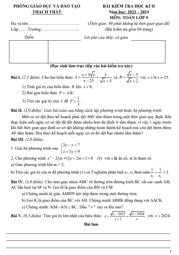 Đề học kì 2 Toán 9 năm 2023 – 2024 phòng GD&ĐT Thạch Thất – Hà Nội