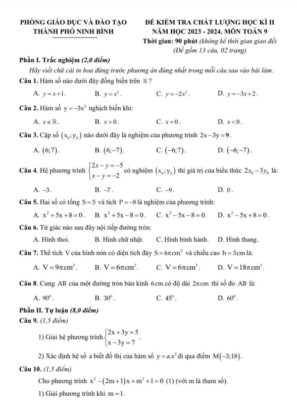 Đề học kì 2 Toán 9 năm 2023 – 2024 phòng GD&ĐT thành phố Ninh Bình