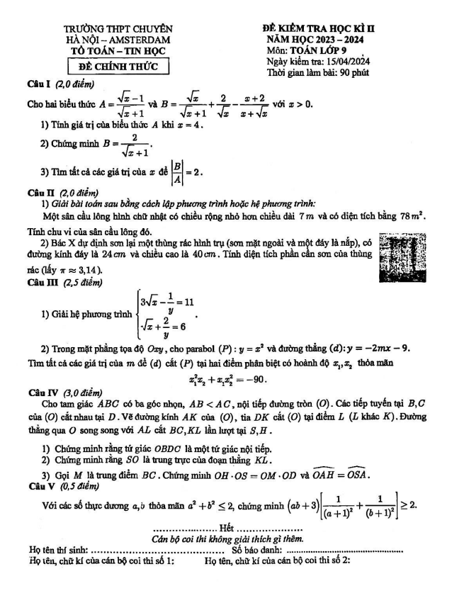 Đề học kì 2 Toán 9 năm 2023 – 2024 trường THPT chuyên Hà Nội – Amsterdam