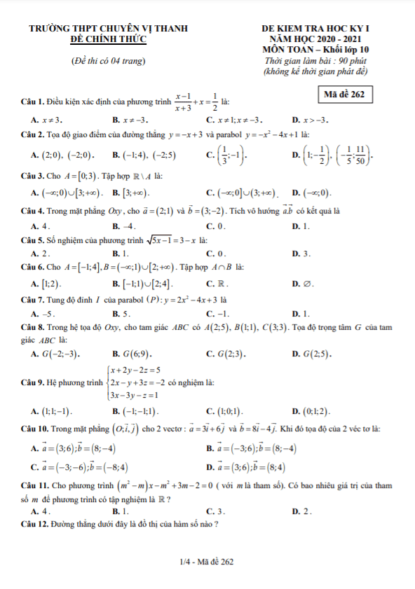 Đề học kỳ 1 Toán 10 năm 2020 – 2021 trường THPT chuyên Vị Thanh – Hậu Giang
