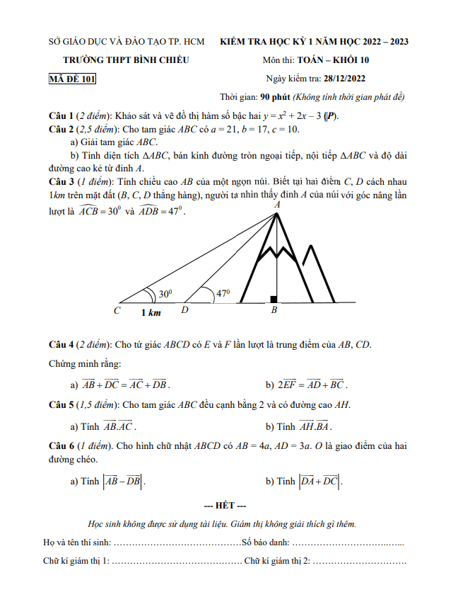 Đề học kỳ 1 Toán 10 năm 2022 – 2023 trường THPT Bình Chiểu – TP HCM