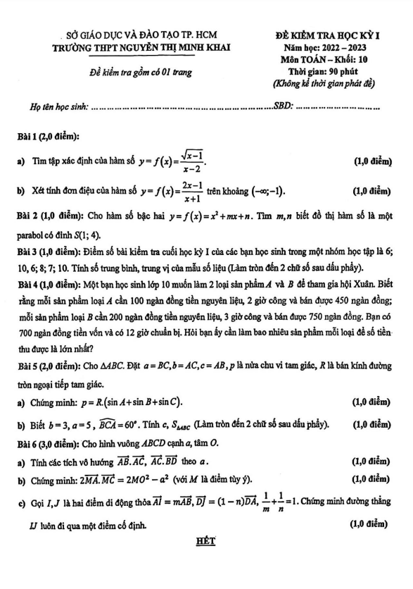 Đề học kỳ 1 Toán 10 năm 2022 – 2023 trường THPT Nguyễn Thị Minh Khai – TP HCM