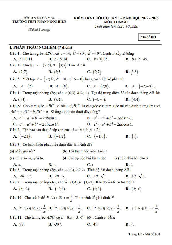Đề học kỳ 1 Toán 10 năm 2022 – 2023 trường THPT Phan Ngọc Hiển – Cà Mau