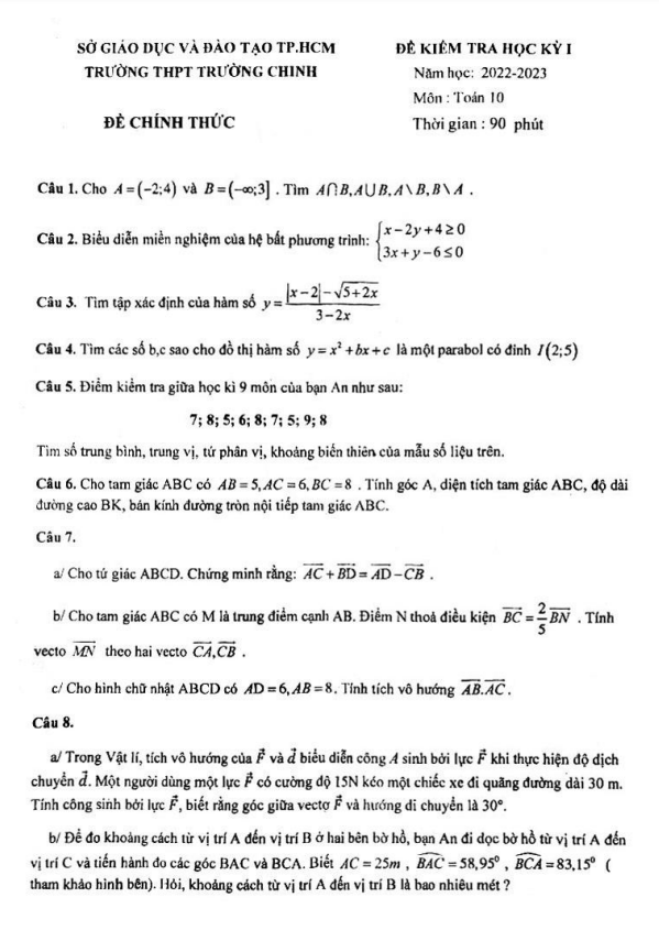 Đề học kỳ 1 Toán 10 năm 2022 – 2023 trường THPT Trường Chinh – TP HCM