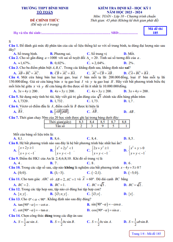 Đề học kỳ 1 Toán 10 năm 2023 – 2024 trường THPT Bình Minh – Vĩnh Long