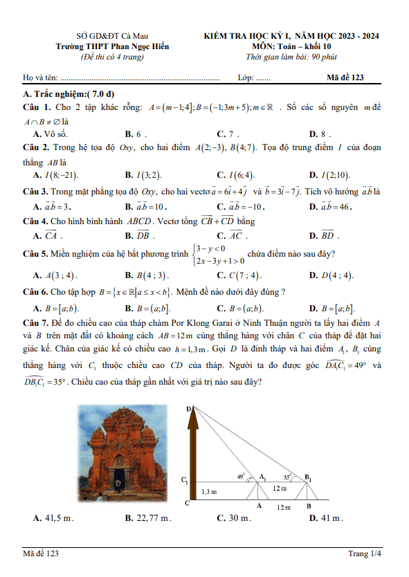 Đề học kỳ 1 Toán 10 năm 2023 – 2024 trường THPT Phan Ngọc Hiển – Cà Mau