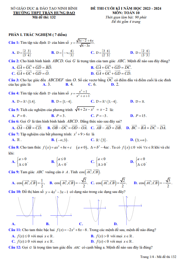 Đề học kỳ 1 Toán 10 năm 2023 – 2024 trường THPT Trần Hưng Đạo – Ninh Bình