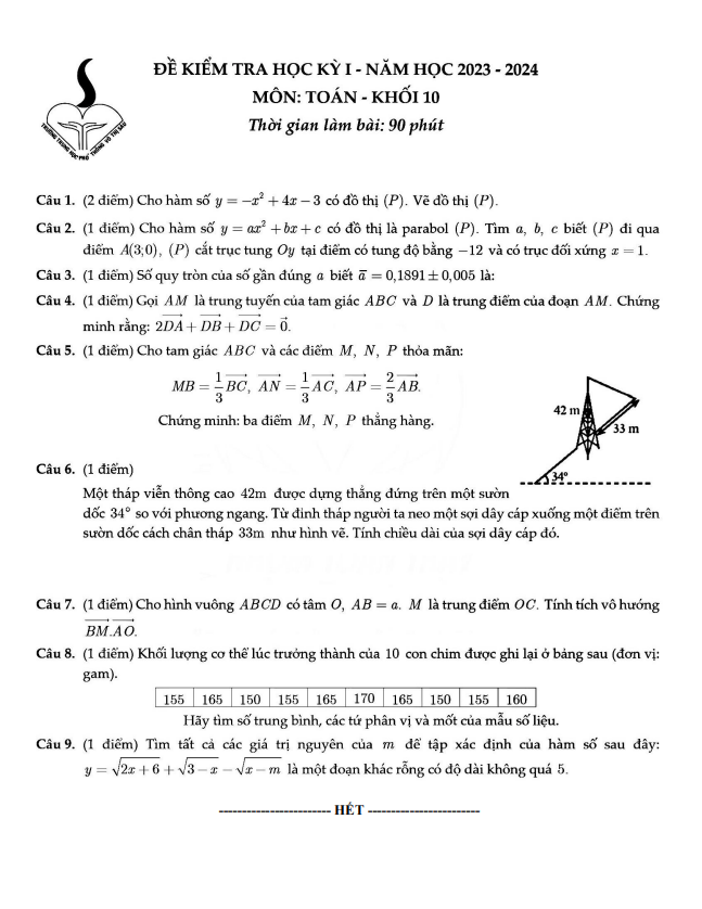 Đề học kỳ 1 Toán 10 năm 2023 – 2024 trường THPT Võ Thị Sáu – TP HCM