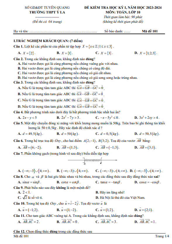 Đề học kỳ 1 Toán 10 năm 2023 – 2024 trường THPT Ỷ La – Tuyên Quang