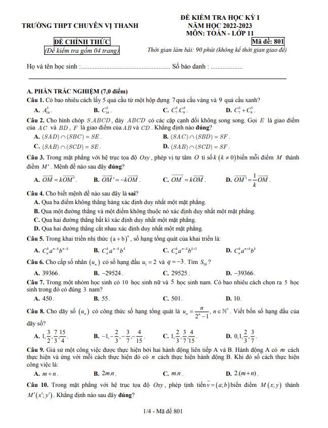 Đề học kỳ 1 Toán 11 năm 2022 – 2023 trường chuyên Vị Thanh – Hậu Giang