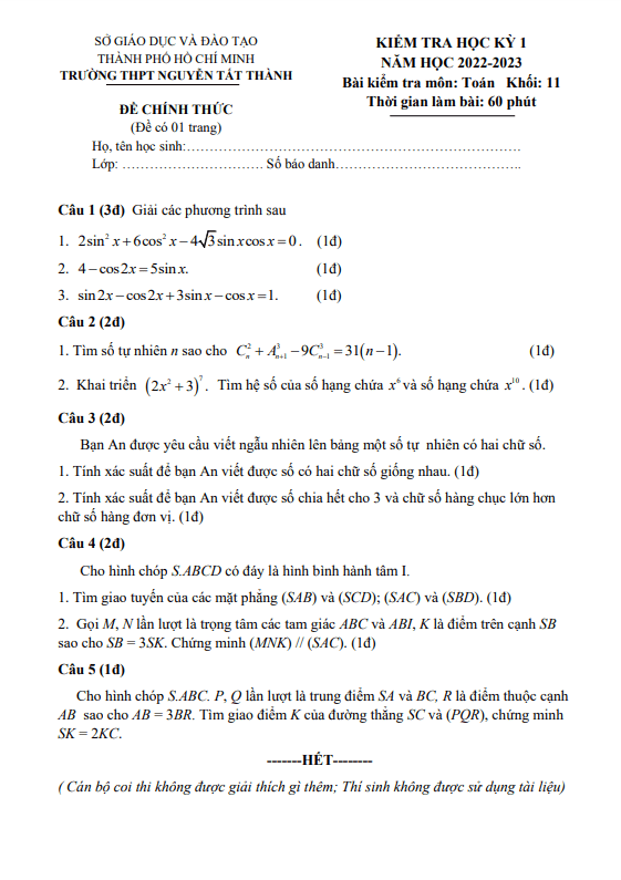 Đề học kỳ 1 Toán 11 năm 2022 – 2023 trường THPT Nguyễn Tất Thành – TP HCM