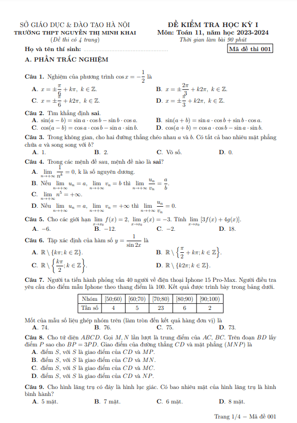 Đề học kỳ 1 Toán 11 năm 2023 – 2024 trường Nguyễn Thị Minh Khai – Hà Nội