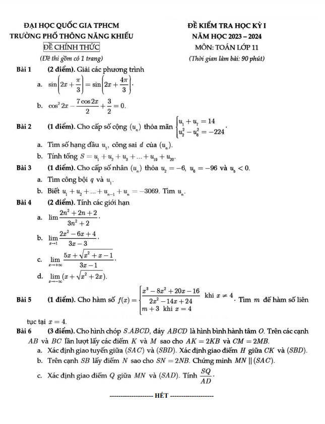 Đề học kỳ 1 Toán 11 năm 2023 – 2024 trường Phổ thông Năng khiếu – TP HCM