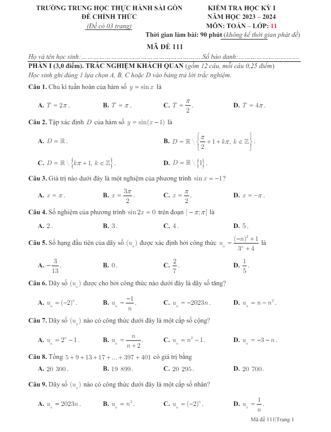 Đề học kỳ 1 Toán 11 năm 2023 – 2024 trường TH Thực hành Sài Gòn – TP HCM