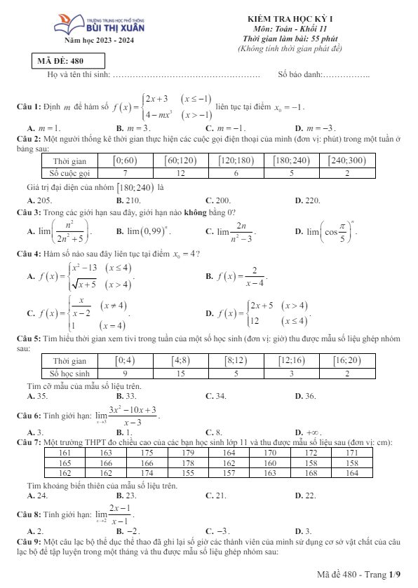 Đề học kỳ 1 Toán 11 năm 2023 – 2024 trường THPT Bùi Thị Xuân – TP HCM