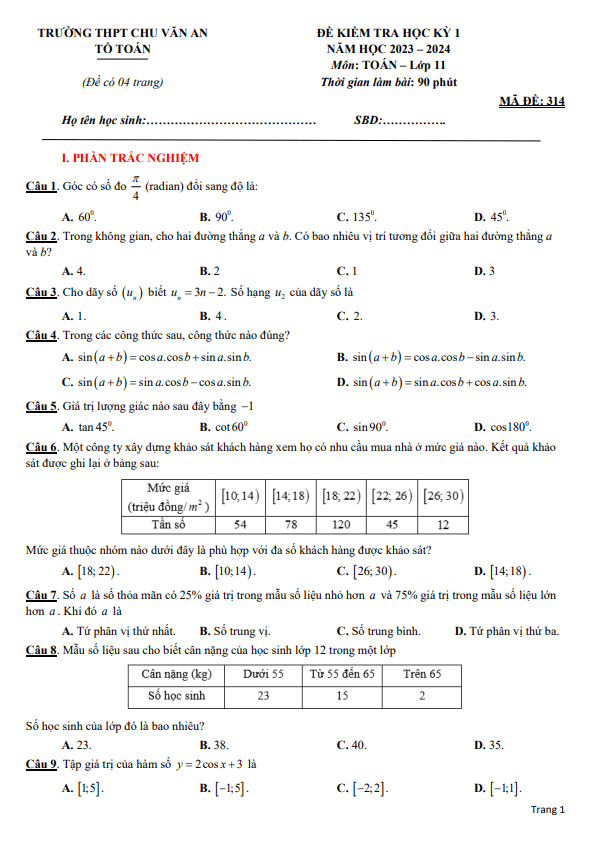 Đề học kỳ 1 Toán 11 năm 2023 – 2024 trường THPT Chu Văn An – An Giang