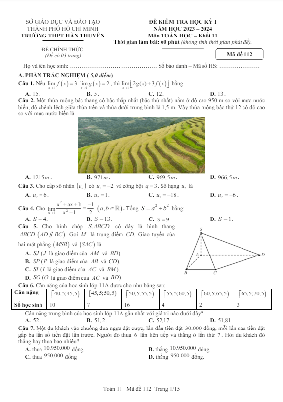 Đề học kỳ 1 Toán 11 năm 2023 – 2024 trường THPT Hàn Thuyên – TP HCM