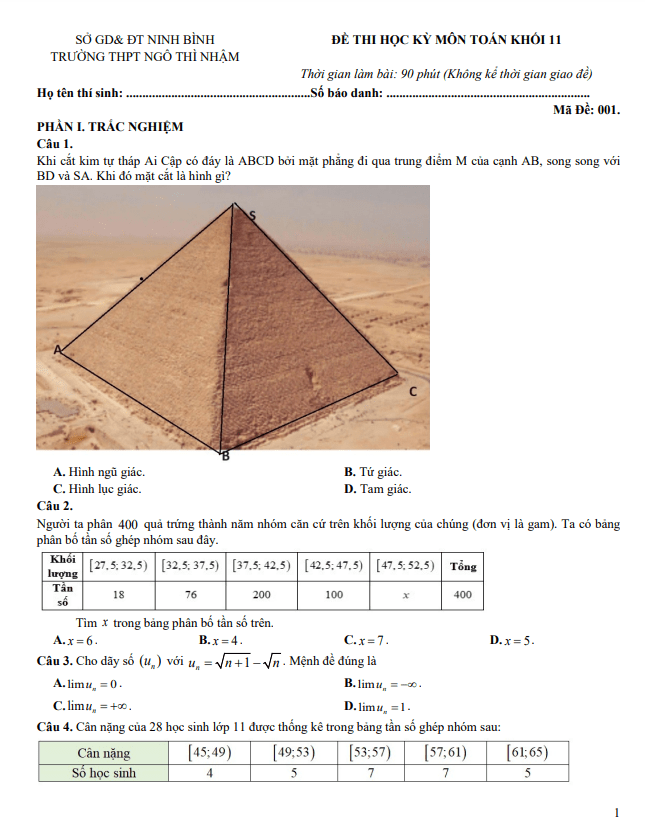 Đề học kỳ 1 Toán 11 năm 2023 – 2024 trường THPT Ngô Thì Nhậm – Ninh Bình