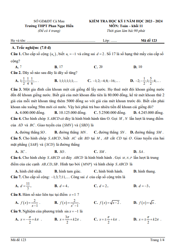 Đề học kỳ 1 Toán 11 năm 2023 – 2024 trường THPT Phan Ngọc Hiển – Cà Mau
