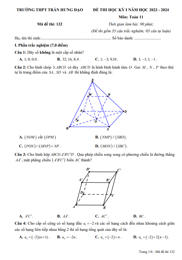 Đề học kỳ 1 Toán 11 năm 2023 – 2024 trường THPT Trần Hưng Đạo – Ninh Bình